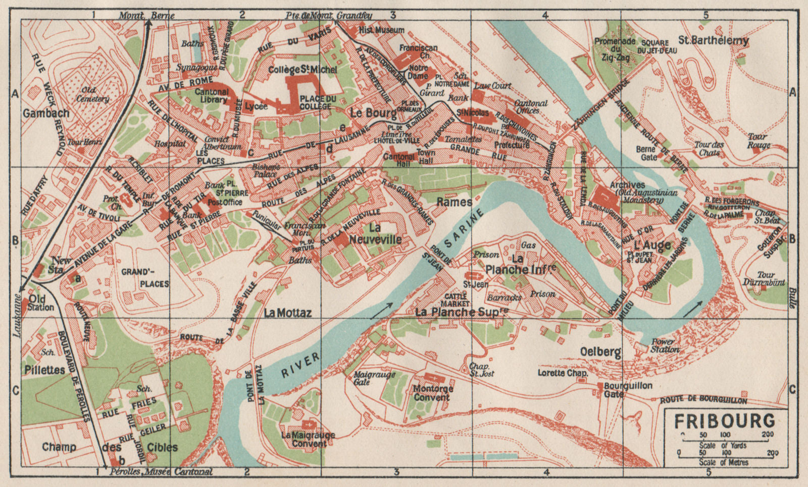 FRIBOURG. Vintage town city map plan. Switzerland 1930 old vintage chart
